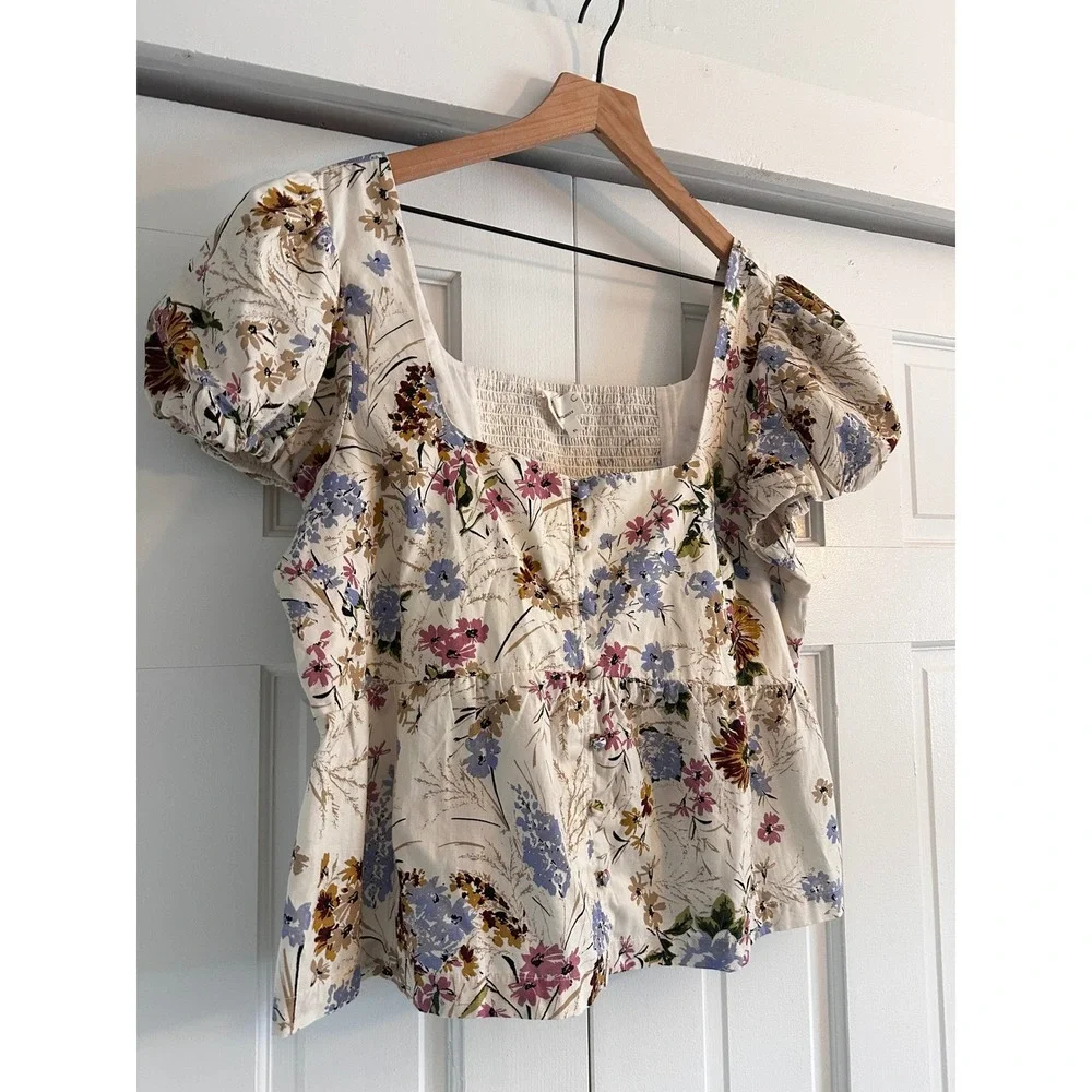 Anthropologie Floral Puff Sleeve Peplum Top Cream Multi XL Square Neck Smocked